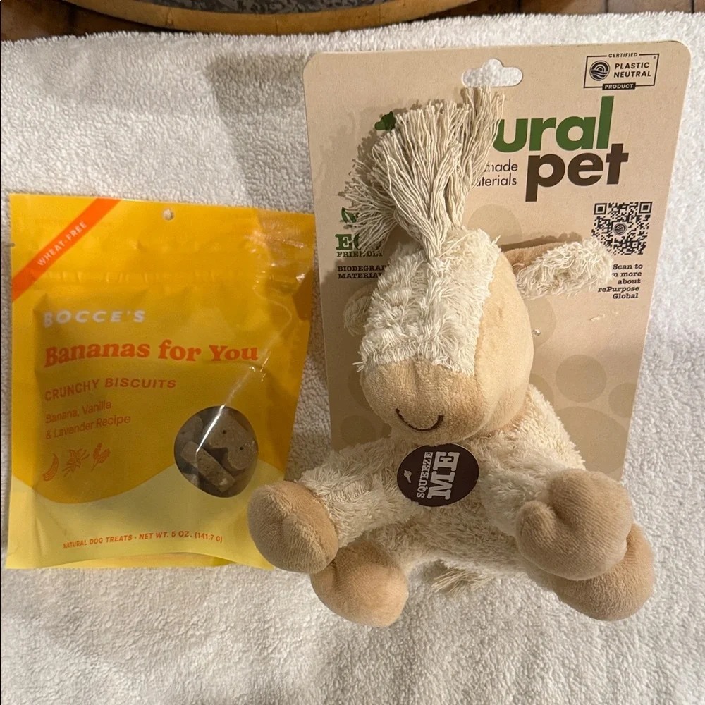 Natural Pet Eco friendly plush horse dog toy and Bocce’s natural dog treats